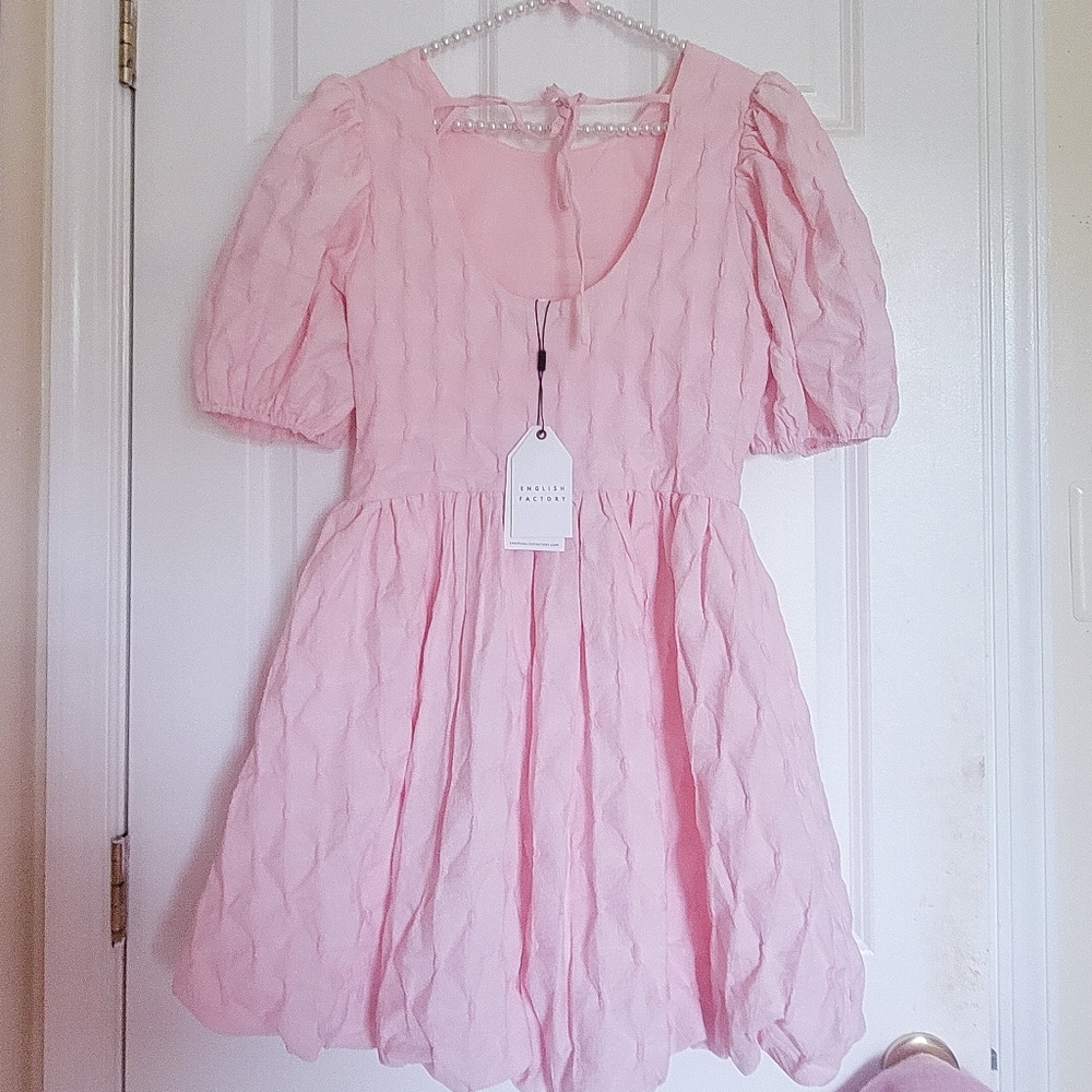 English Factory Pink Textured Balloon Mini Dress - Picture 8 of 15